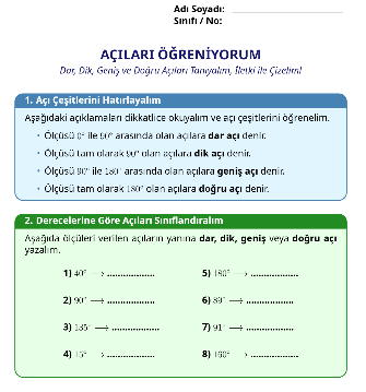 4. Sınıf Matematik Açılar Çalışma Kağıdı