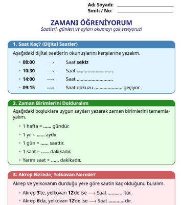 2. Sınıf Matematik Zaman Ölçüleri Çalışma Kağıdı