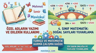 İlkokul 3. Sınıf Türkçe ve Matematik Karma Çalışma Kağıdı: Özel Adlar ve Yuvarlama (PDF)