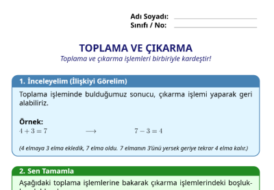 1. Sınıf Matematik Toplama ve Çıkarma İlişkisi Etkinlik Sayfası