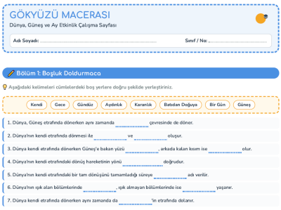 2. Sınıf Hayat Bilgisi Dünya, Güneş ve Ay Etkinliği PDF