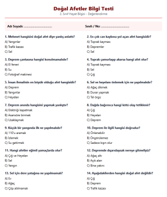 2. Sınıf Hayat Bilgisi: Doğal Afetler Bilgi Testi