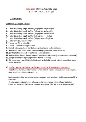 3. Sınıf İhtiyaç Listesi