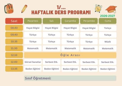1. Sınıf Haftalık Ders Programı - 2026-2027
