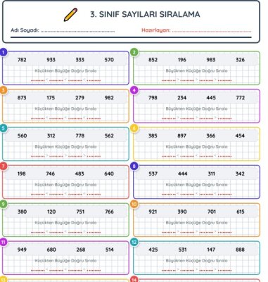 3. Sınıf Sayıları Sıralama Çalışma Sayfaları PDF - 20 Sayfa